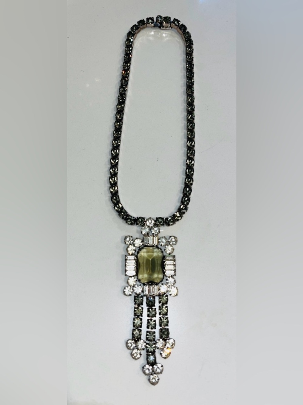 Unique Cocktail Vintage Crystal Gray Clear Stones. Pendant Necklace